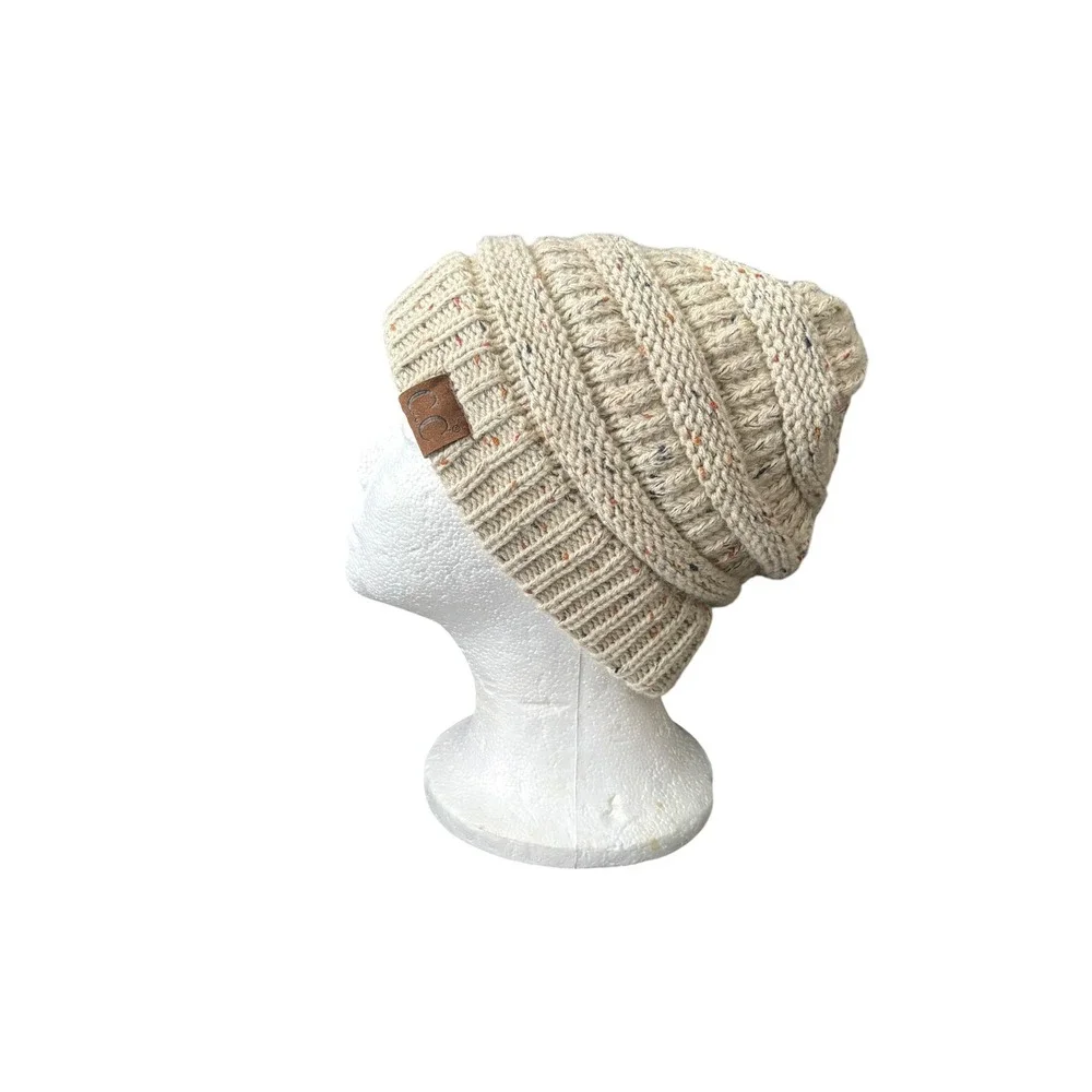 C.C Knit Beanie Hat Cream Speckled Chunky Cable Slouchy Womens Winter - Picture 4 of 8